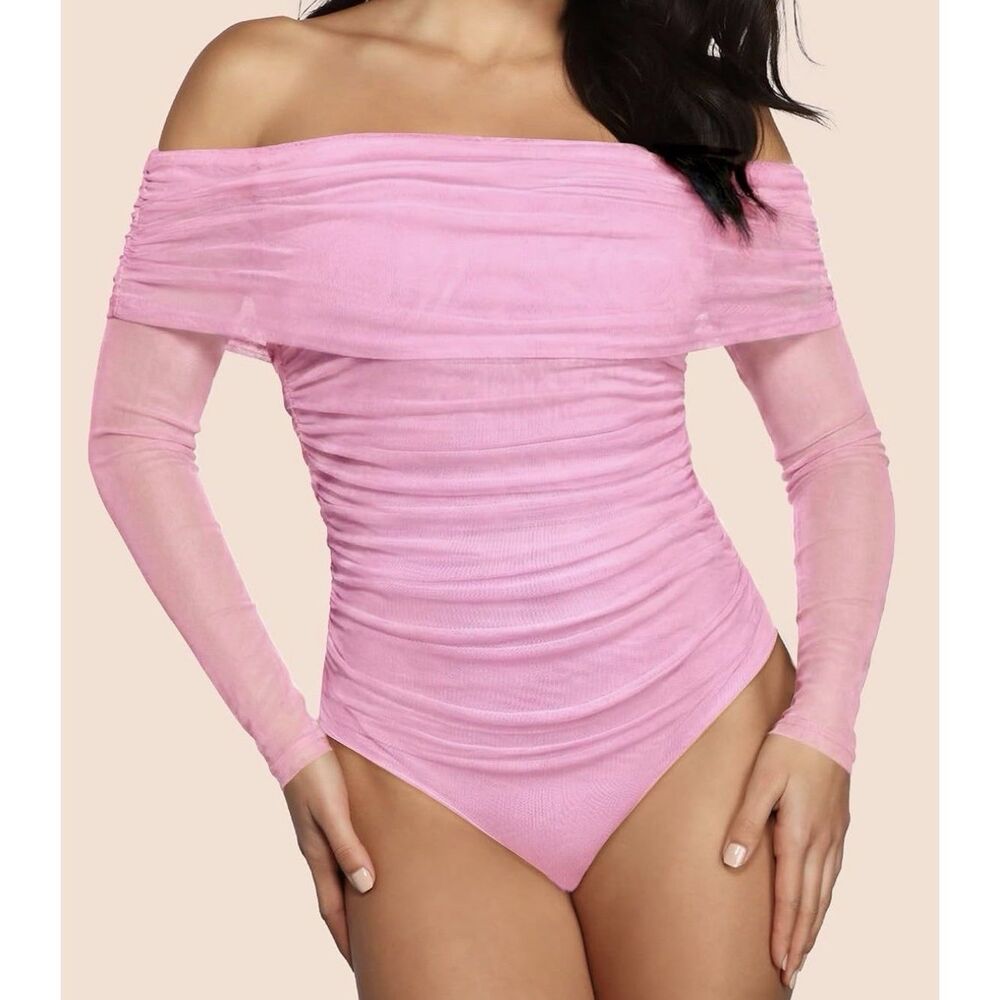 SAUNGKUAI Pink Off Shoulder Mesh Ruched Bodysuit XL